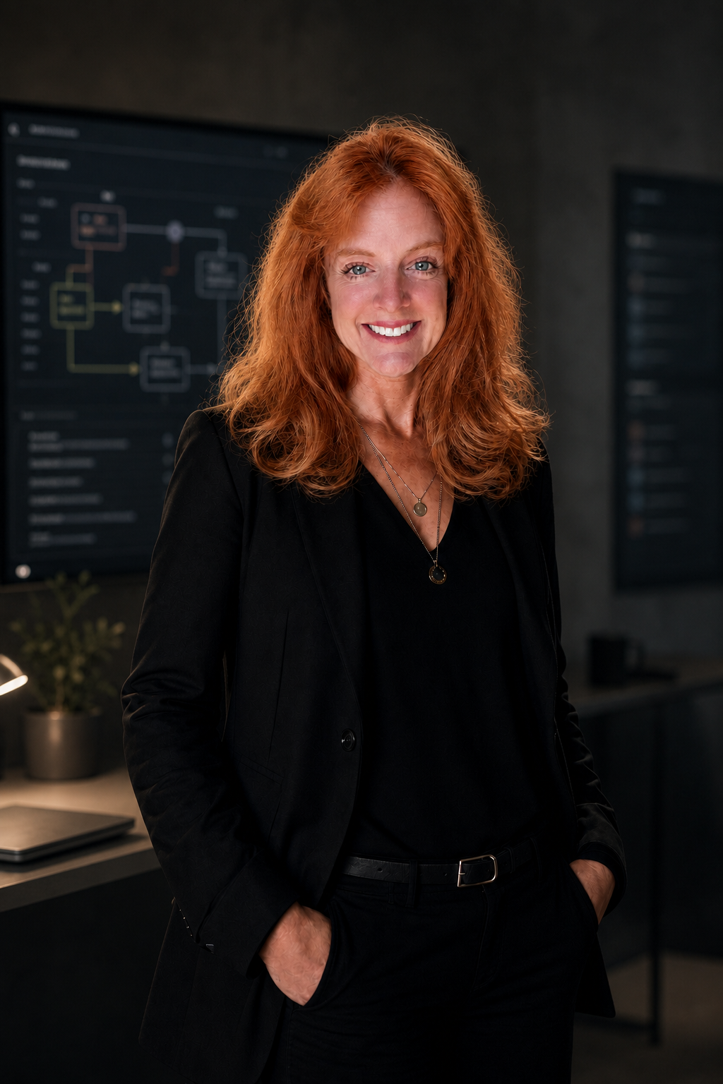 Professional portrait of Annette Thompson in a calm AI systems office